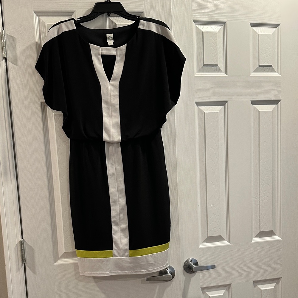 Signature by Sangria Black and White Mini Dress with Yellow Trim